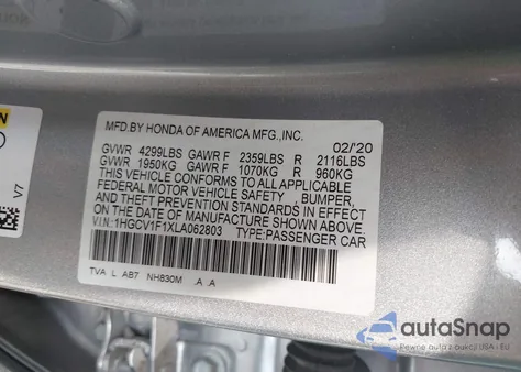 2020 Honda Accord Lx из США, поврежденный, VIN 1HGCV1F1XLA062803